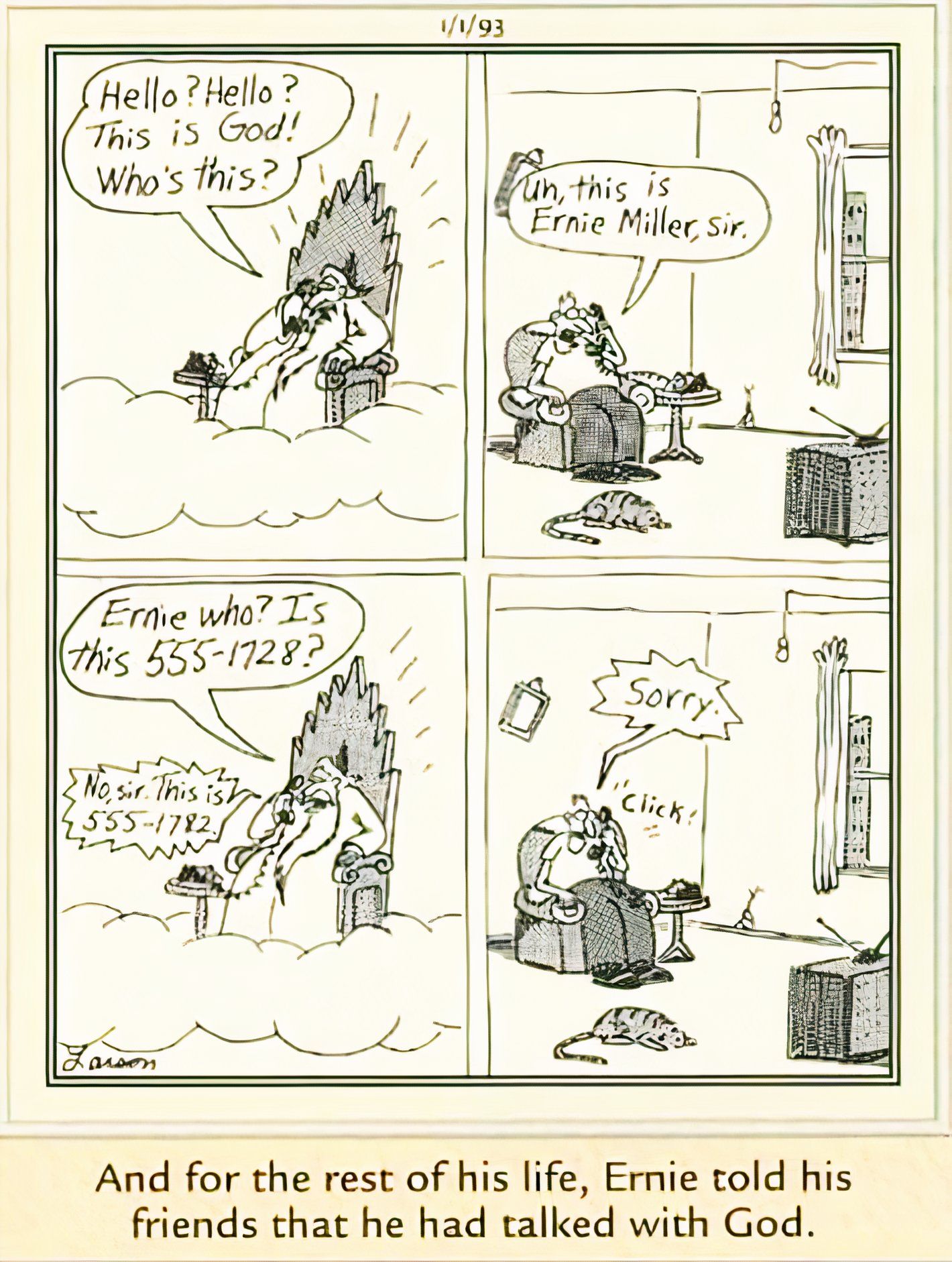 Far Side, January 1, 1993, Ernie Miller talks to God