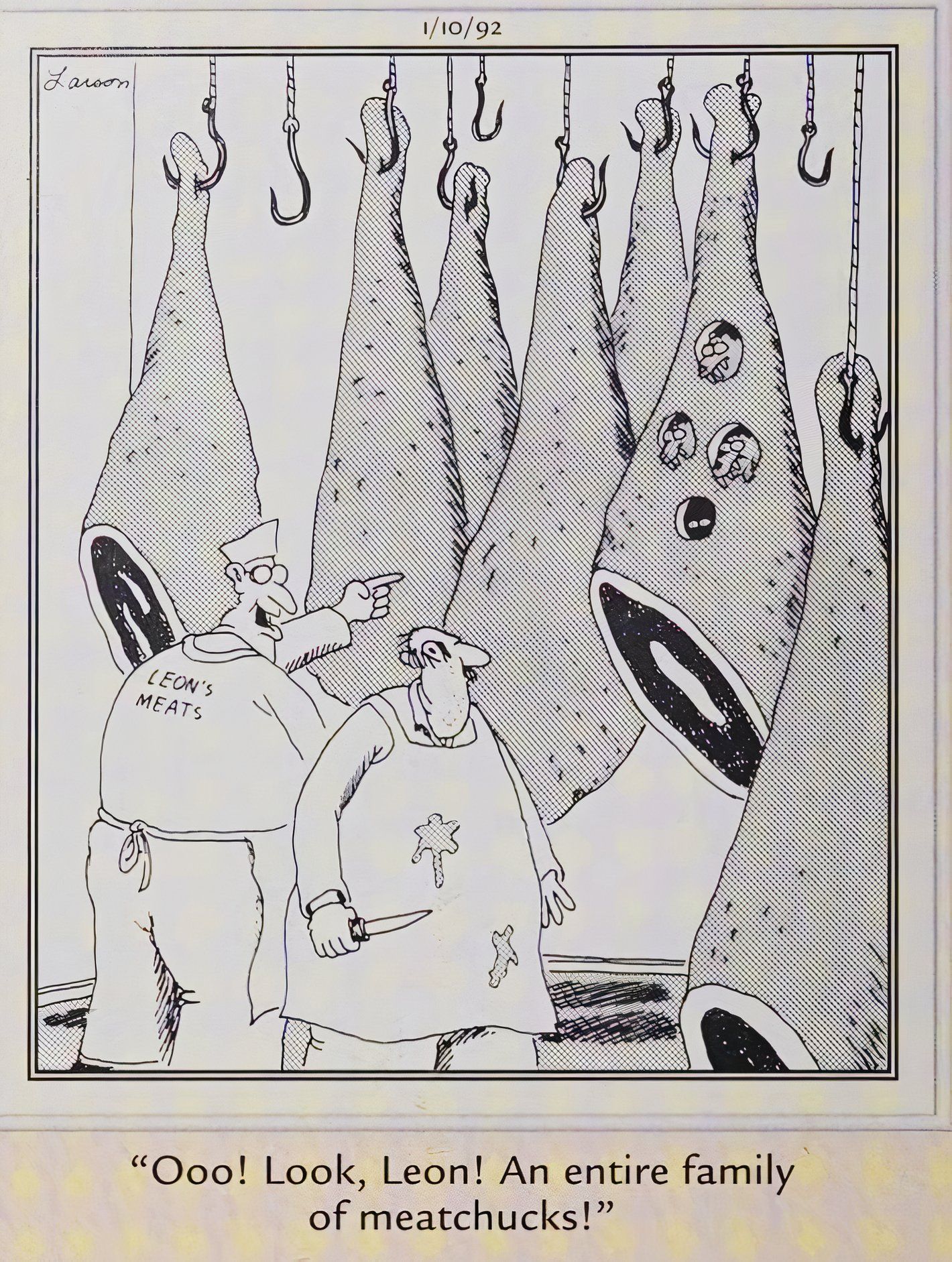 Far Side, 10 de janeiro de 1992, 'meatchucks' em um acompanhamento de carne bovina