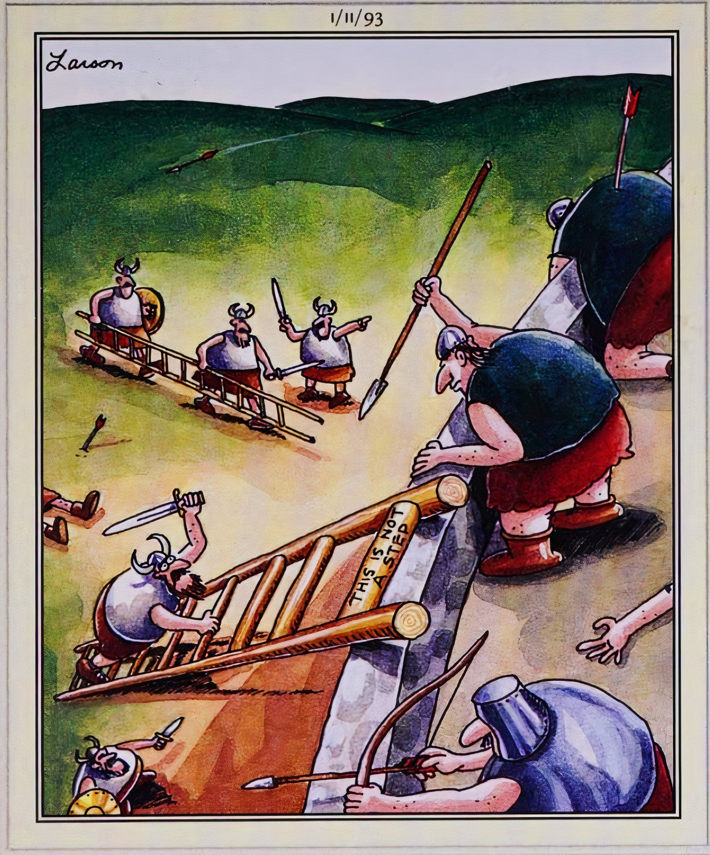 Far Side, 11 de janeiro de 1993, Vikings atacam um castelo, usando escadas de aparência moderna