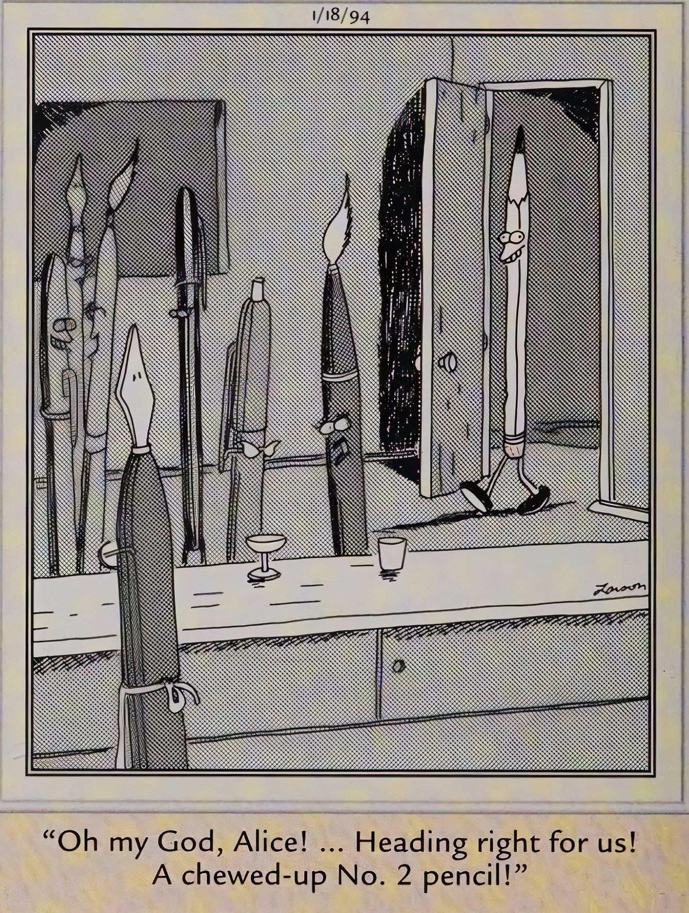 Far Side, 18 de janeiro de 1994, uma sala cheia de canetas fica alarmada quando um lápis mastigado entra