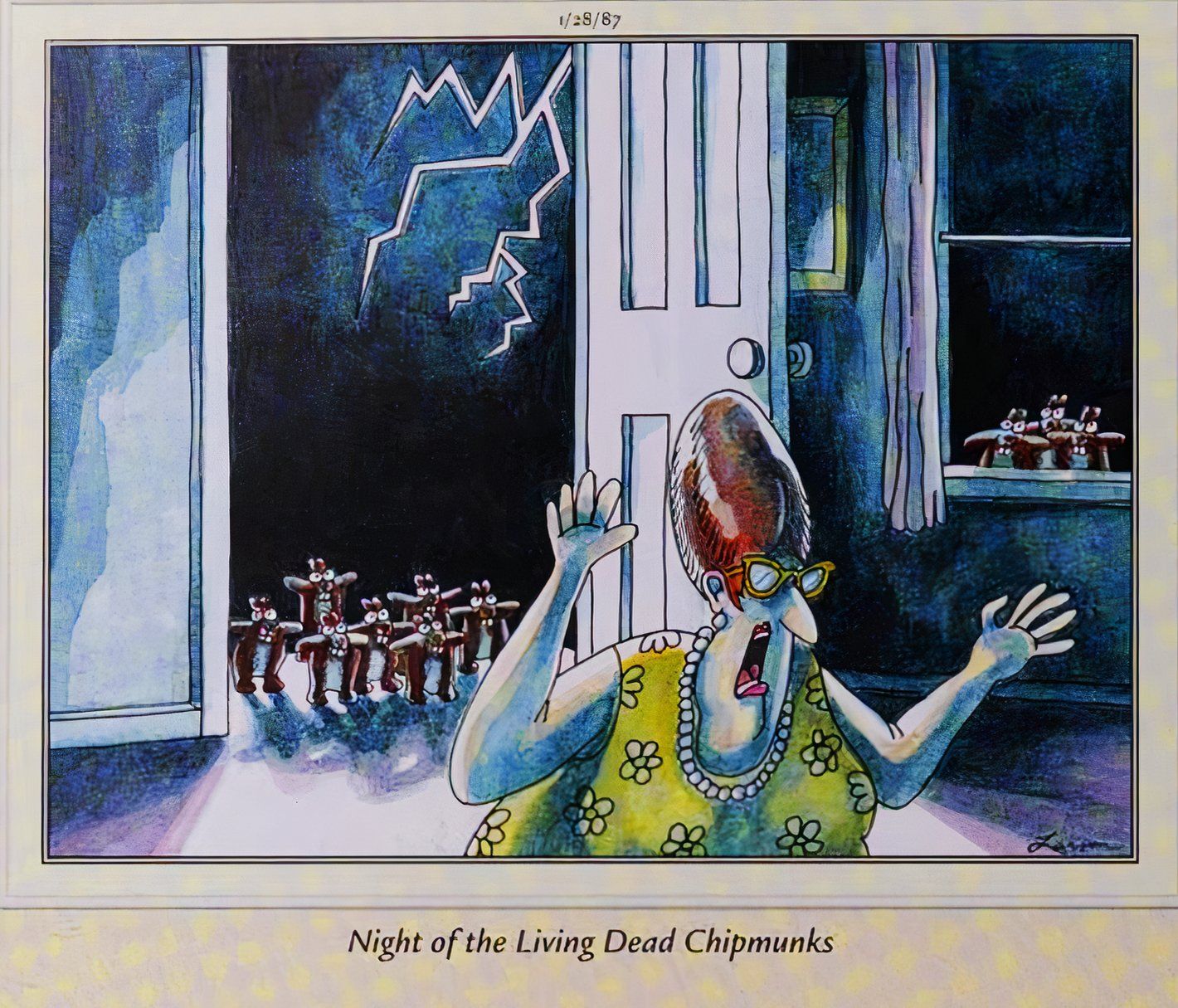 Far Side, January 28, 1987, captioned 'Night of the Living Dead Chipmunks'