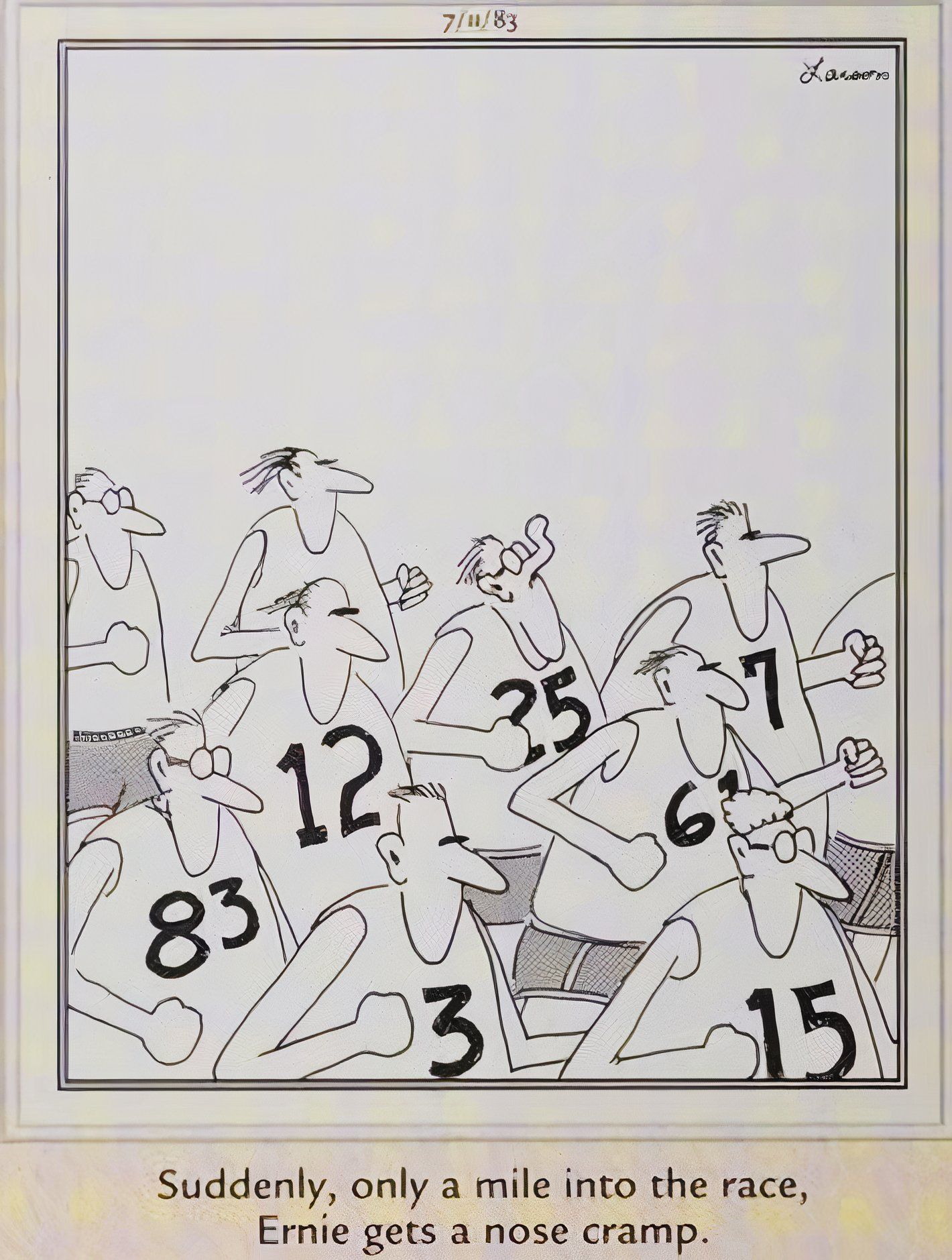 Far Side, July 11, 1985, a man named Ernie gets a nose cramp during a race