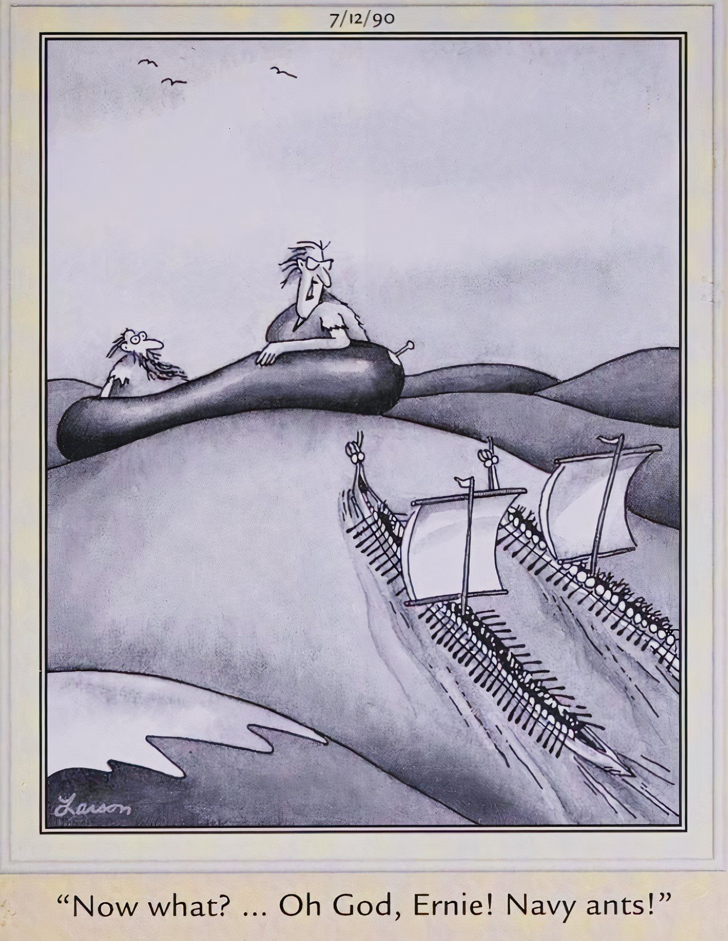 Far Side, July 12, 1990, 'navy ants' approach a couple in a life raft