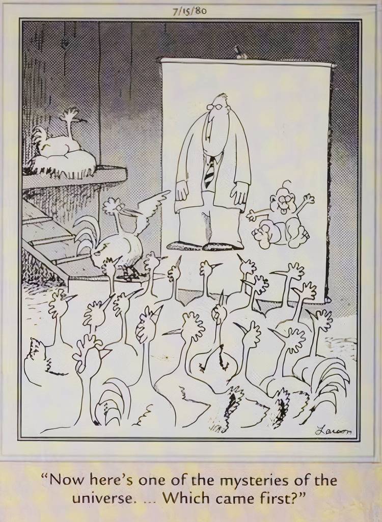 Far Side, July 15, 1980, a chicken lectures on the riddle of what came first, man or baby.