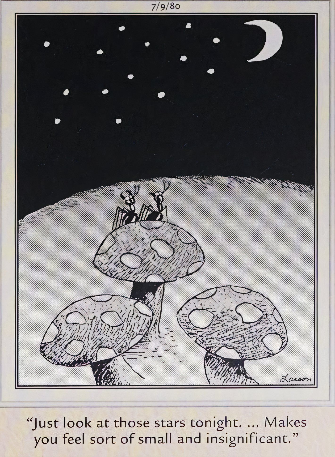 Far Side, 9 de julho de 1980, formigas sobem em um cogumelo e olham para as estrelas