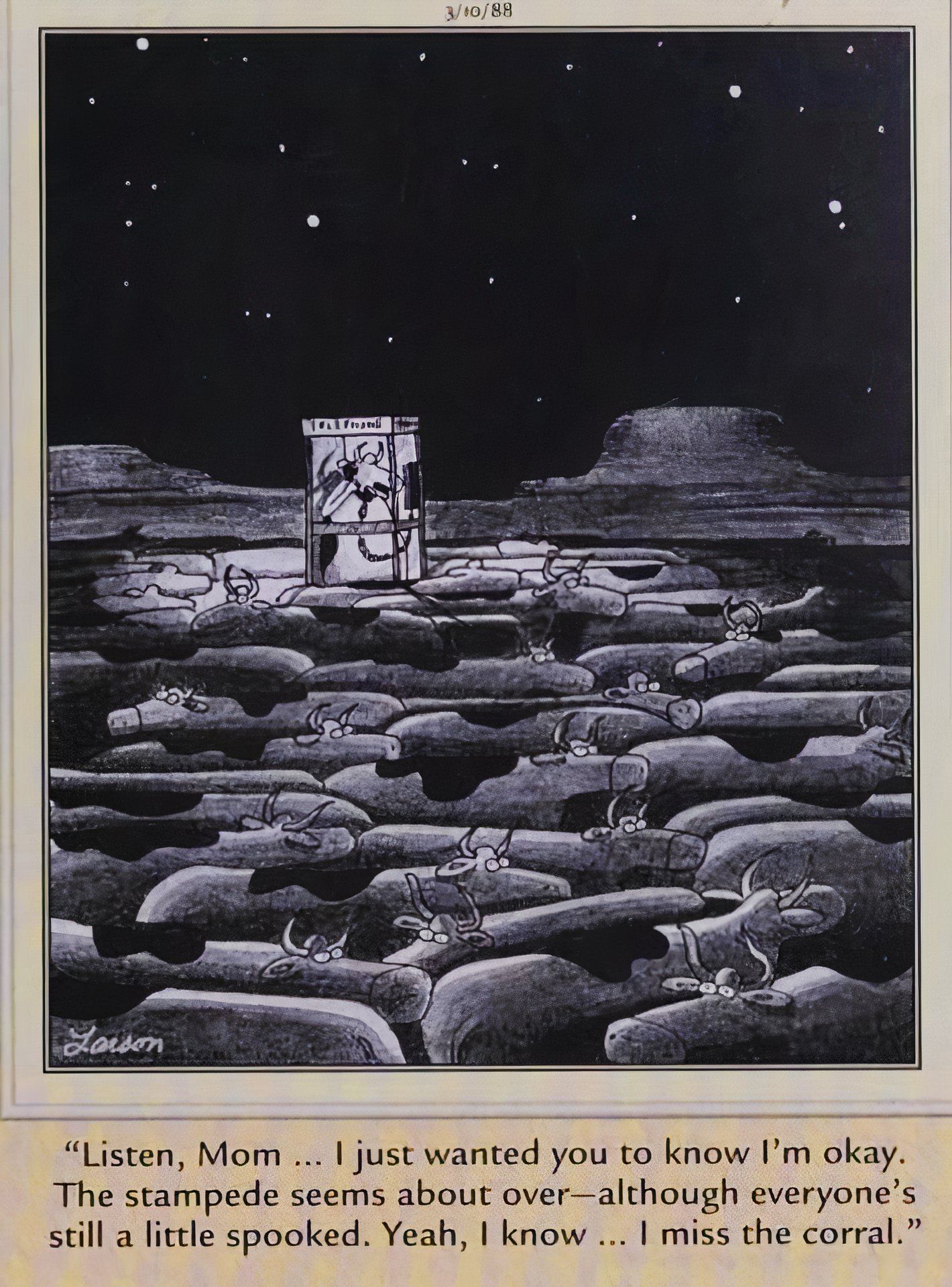 Far Side, 10 de março de 1988, uma vaca liga para casa depois de ser pega em uma debandada