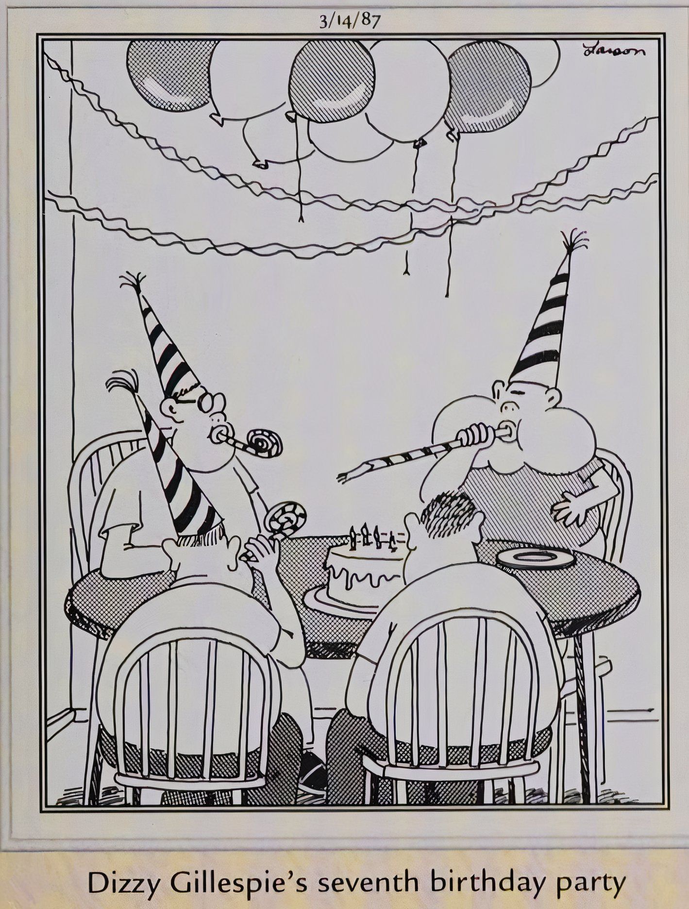 Far Side, March 14, 1987, depicting 'Dizzy Gillespie's 7th birthday party'