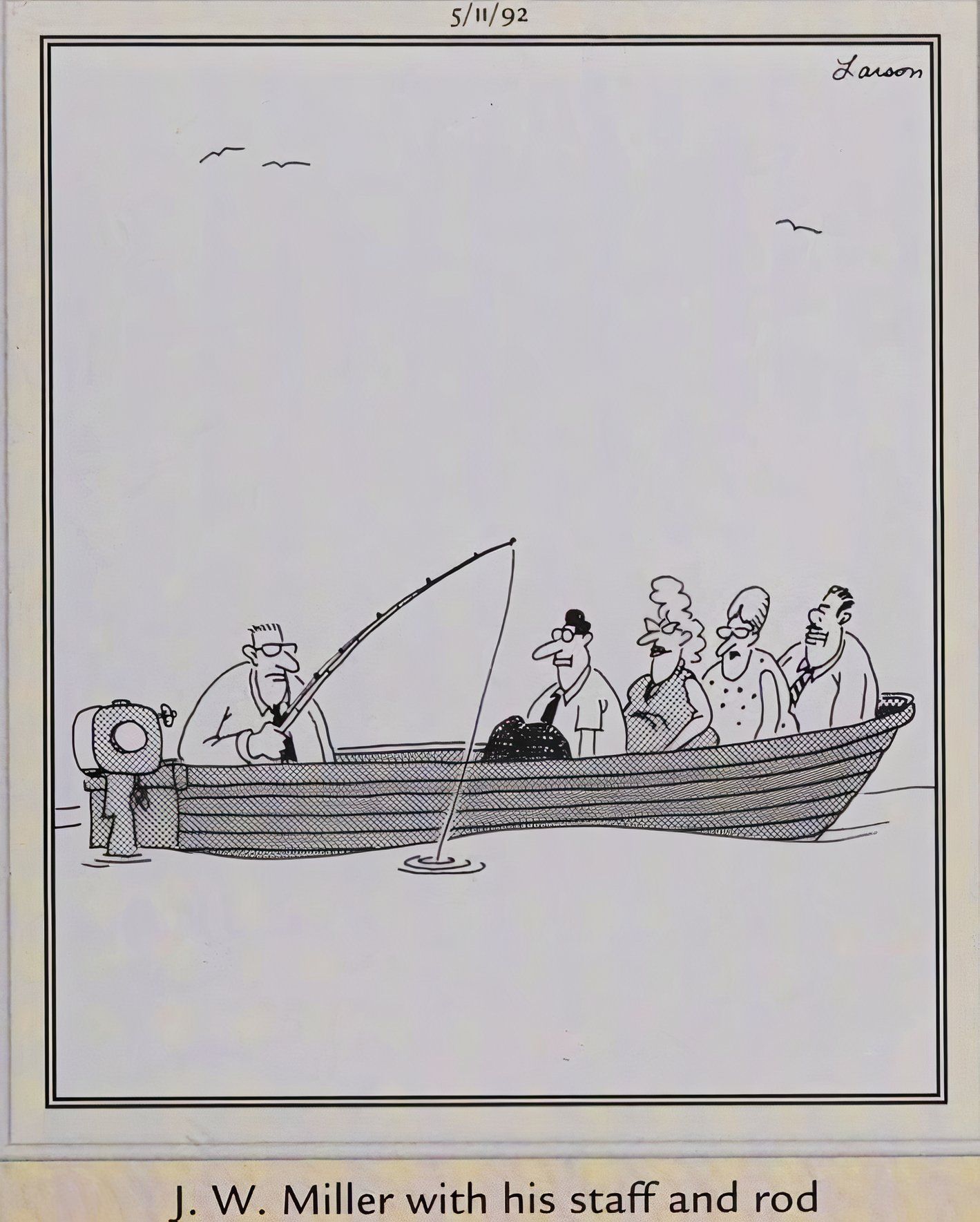 Far Side, 11 de maio de 1992, com a legenda 'JW Miller com seu cajado e vara'