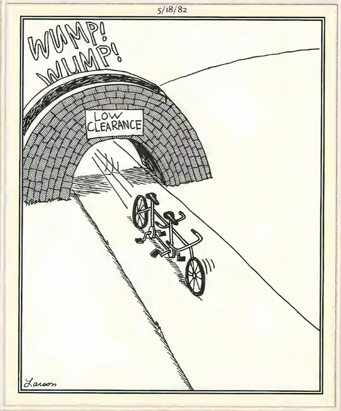 Far Side, May 18, 1982, tandem bicycle drives under a low clearance bridge without its passengers