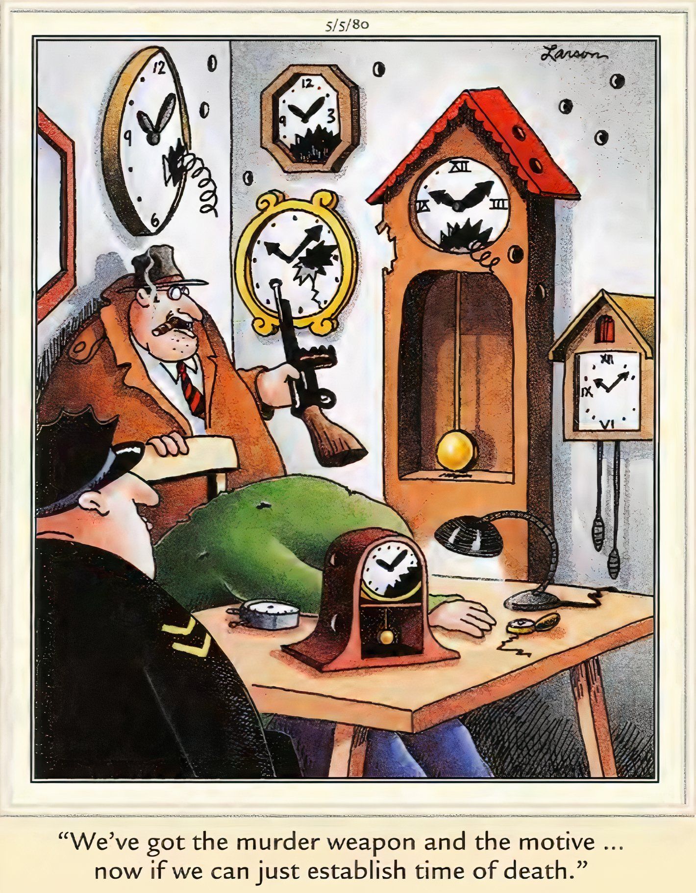 Far Side, May 5, 1980, body is found surrounded by clocks and investigators say they need to figure out time of death