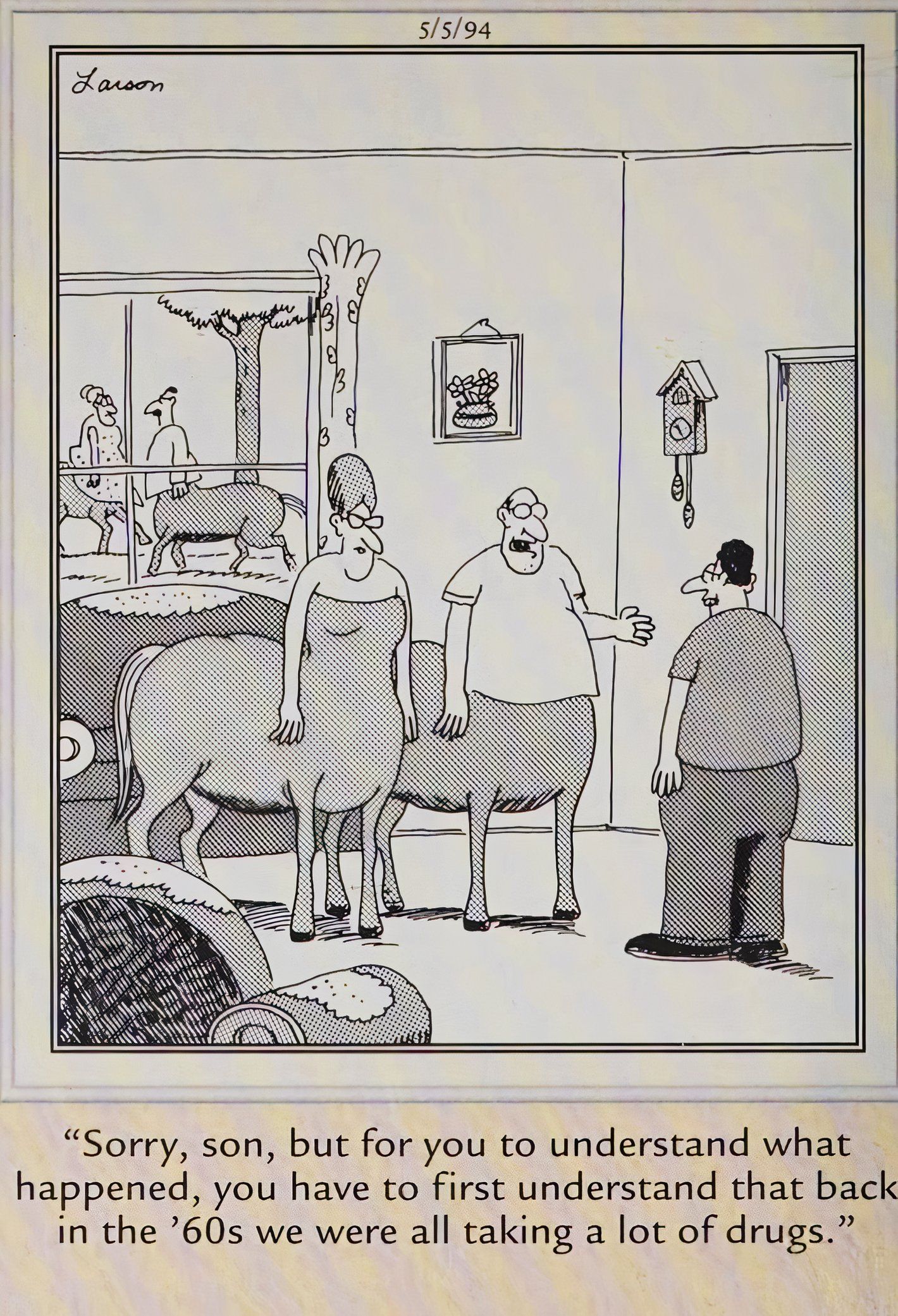 Far Side, May 5 1994, centaur parents try to explain to their fully human son why he is the way he is