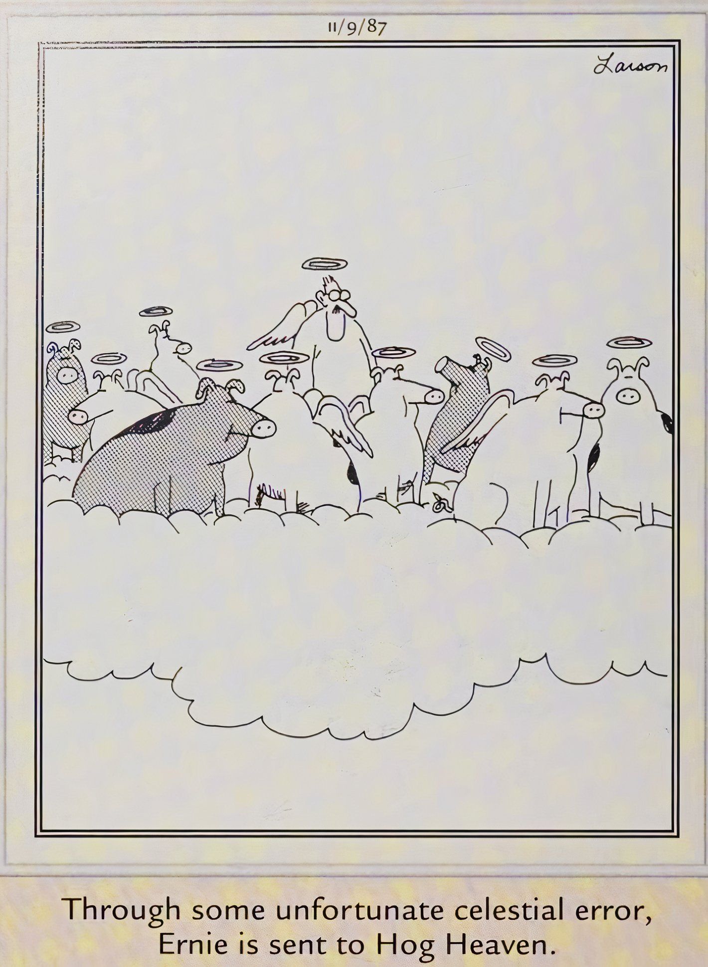 Far Side, November 9, 1987, a human named Ernie ends up in hog heaven