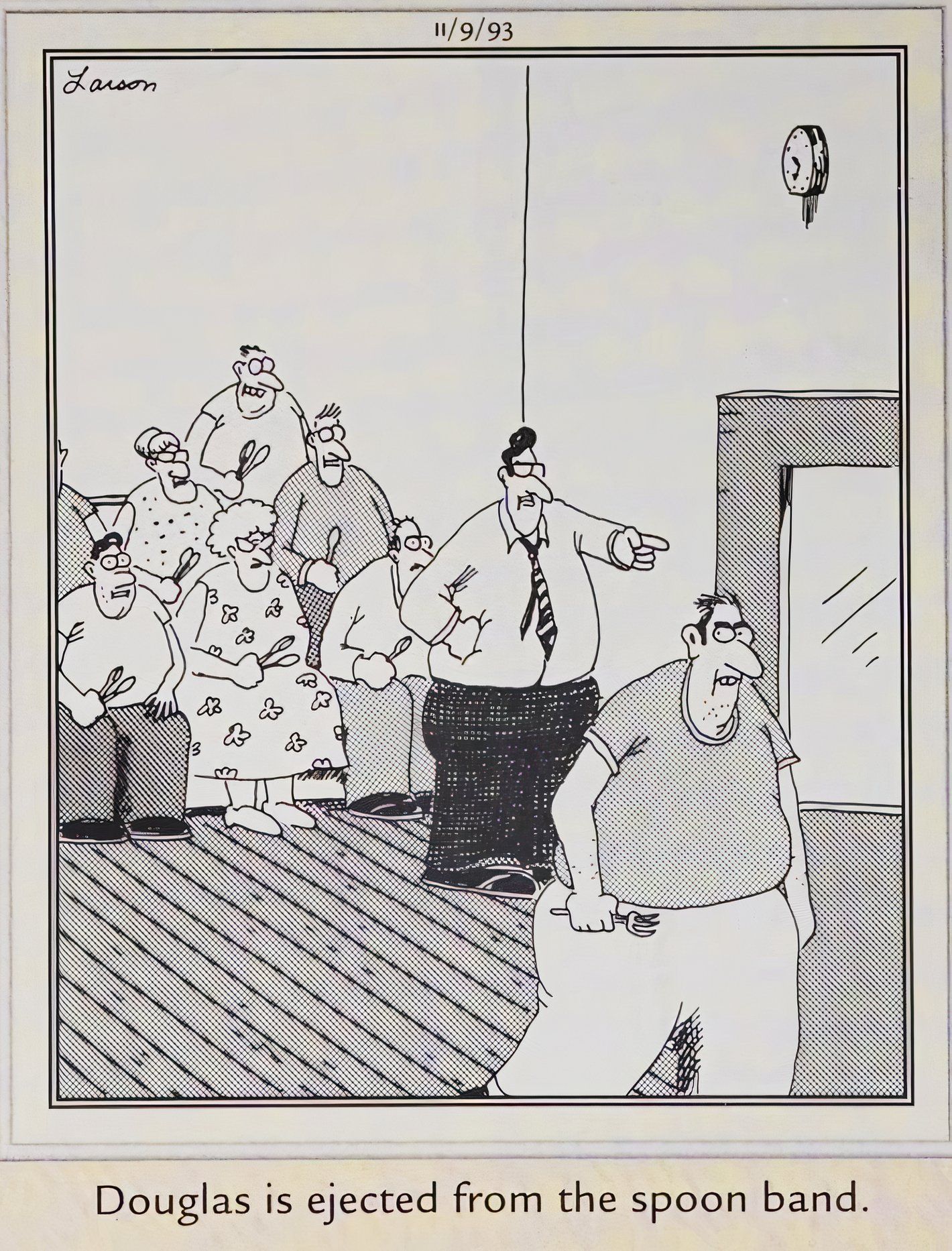 Far Side, November 9, 1993, a man with a fork is thrown out of a spoon band