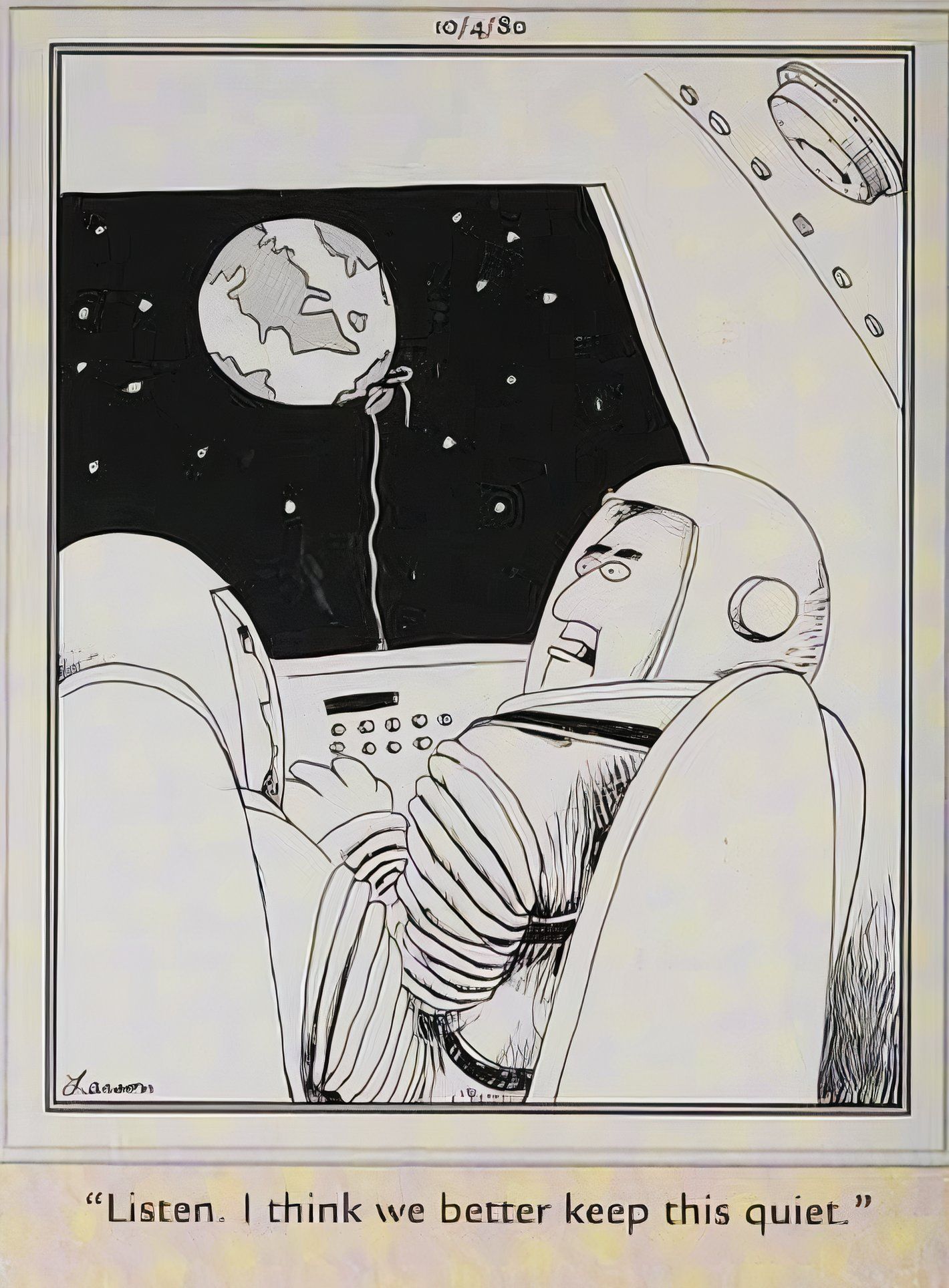 Far Side, 4 de outubro de 1980, os astronautas descobrem que a Terra está presa a uma corda