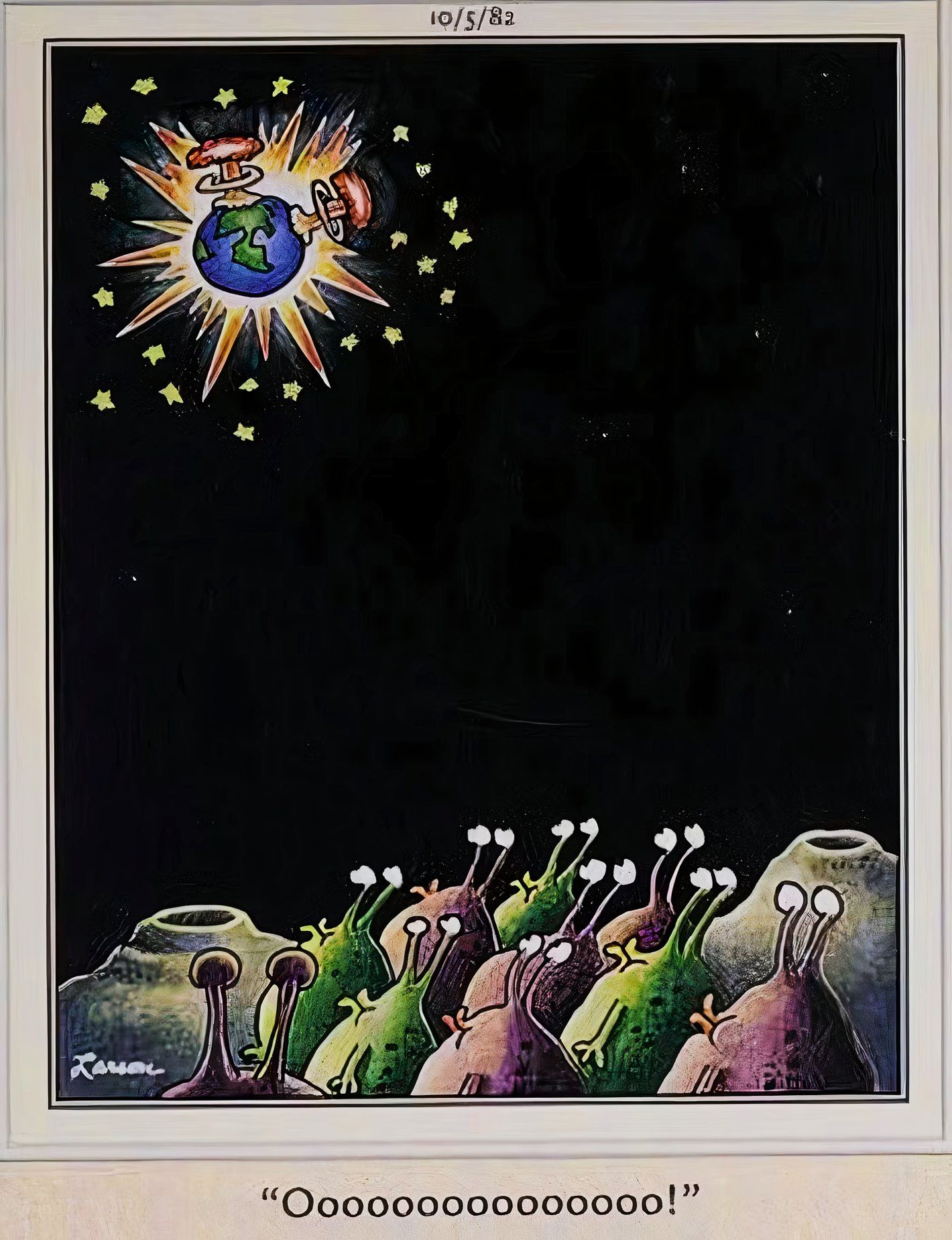 Far Side, 5 de outubro de 1981, uma multidão de alienígenas faz 'oooooo' enquanto observam a Terra explodir em uma conflagração nuclear