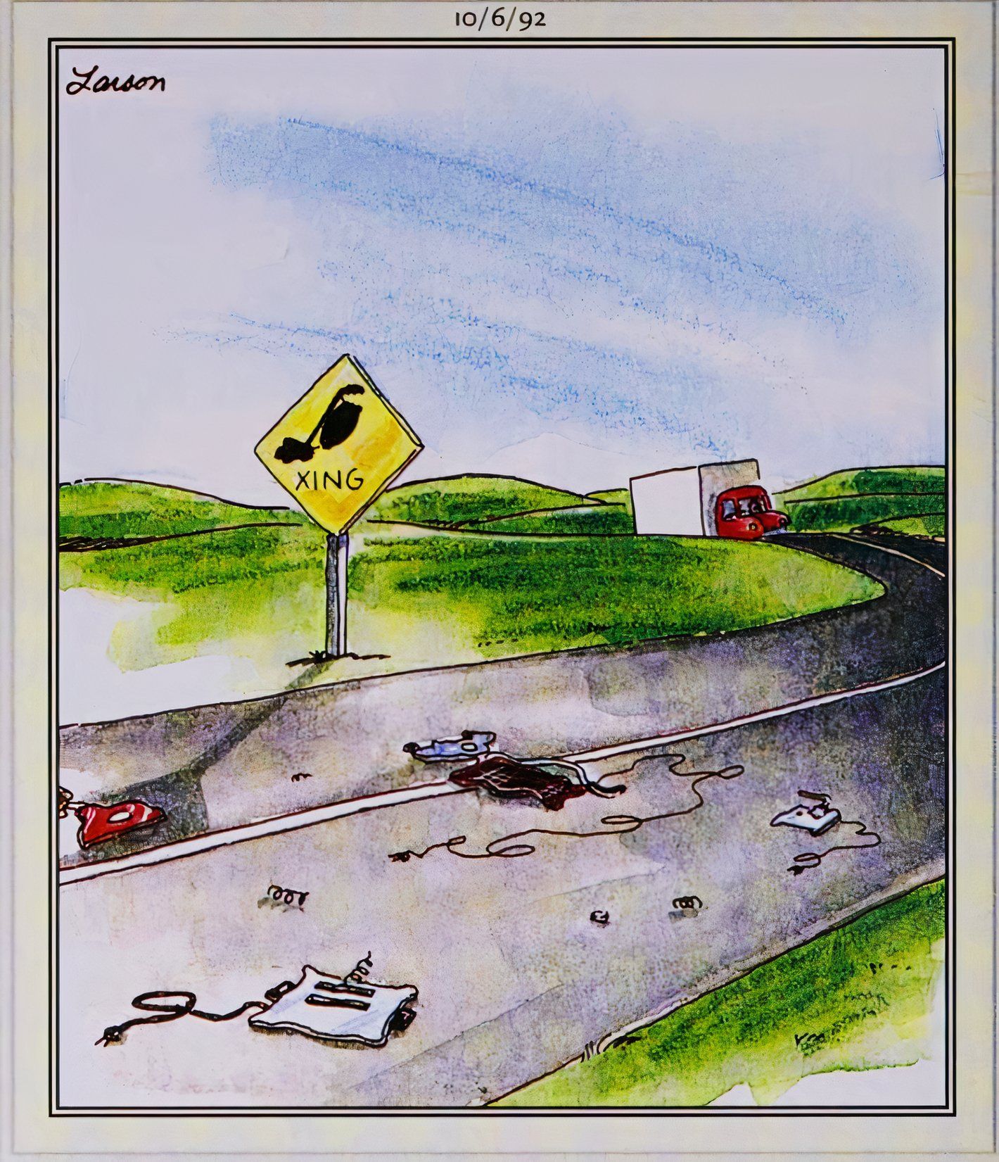 Far Side, 6 de outubro de 1992, um caminhão se aproxima de uma placa de Vacuum Crossing, onde a estrada está repleta de aparelhos atropelados