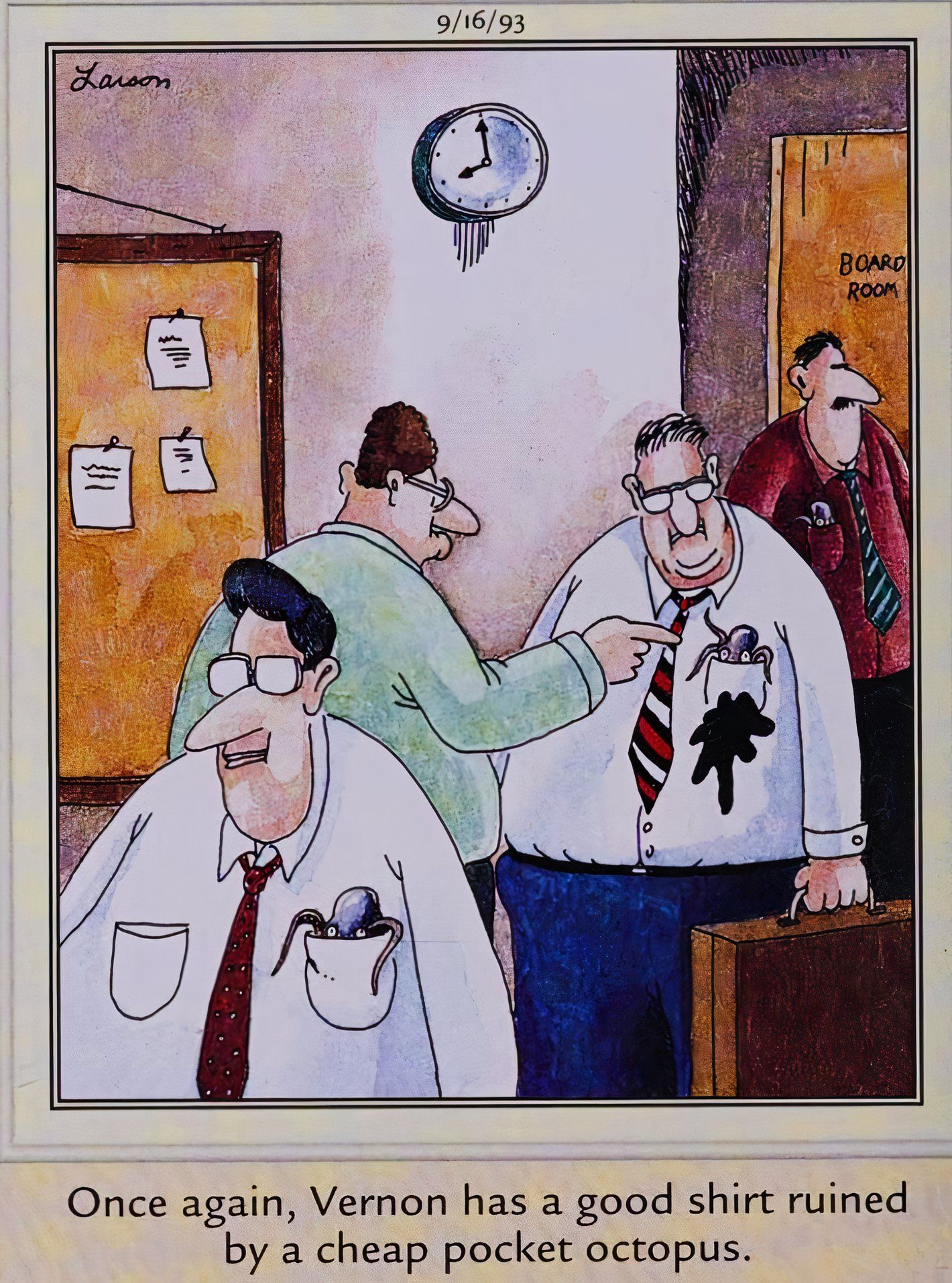 Far Side, September 16, 1993, a man's pocket squid leaks ink all over his dress shirt