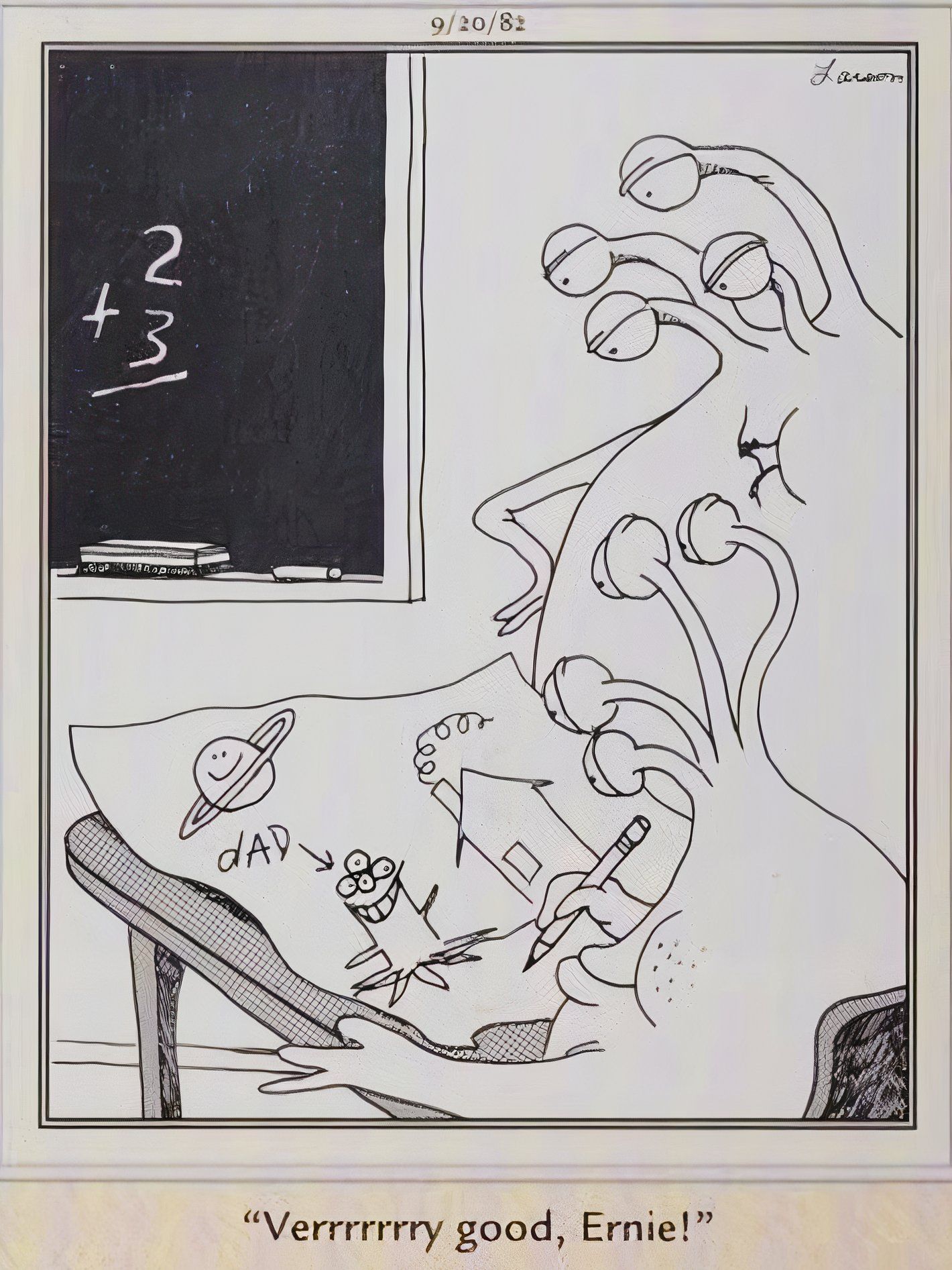 Far Side, 20 de setembro de 1982, um alienígena chamado Ernie faz um desenho de seu pai