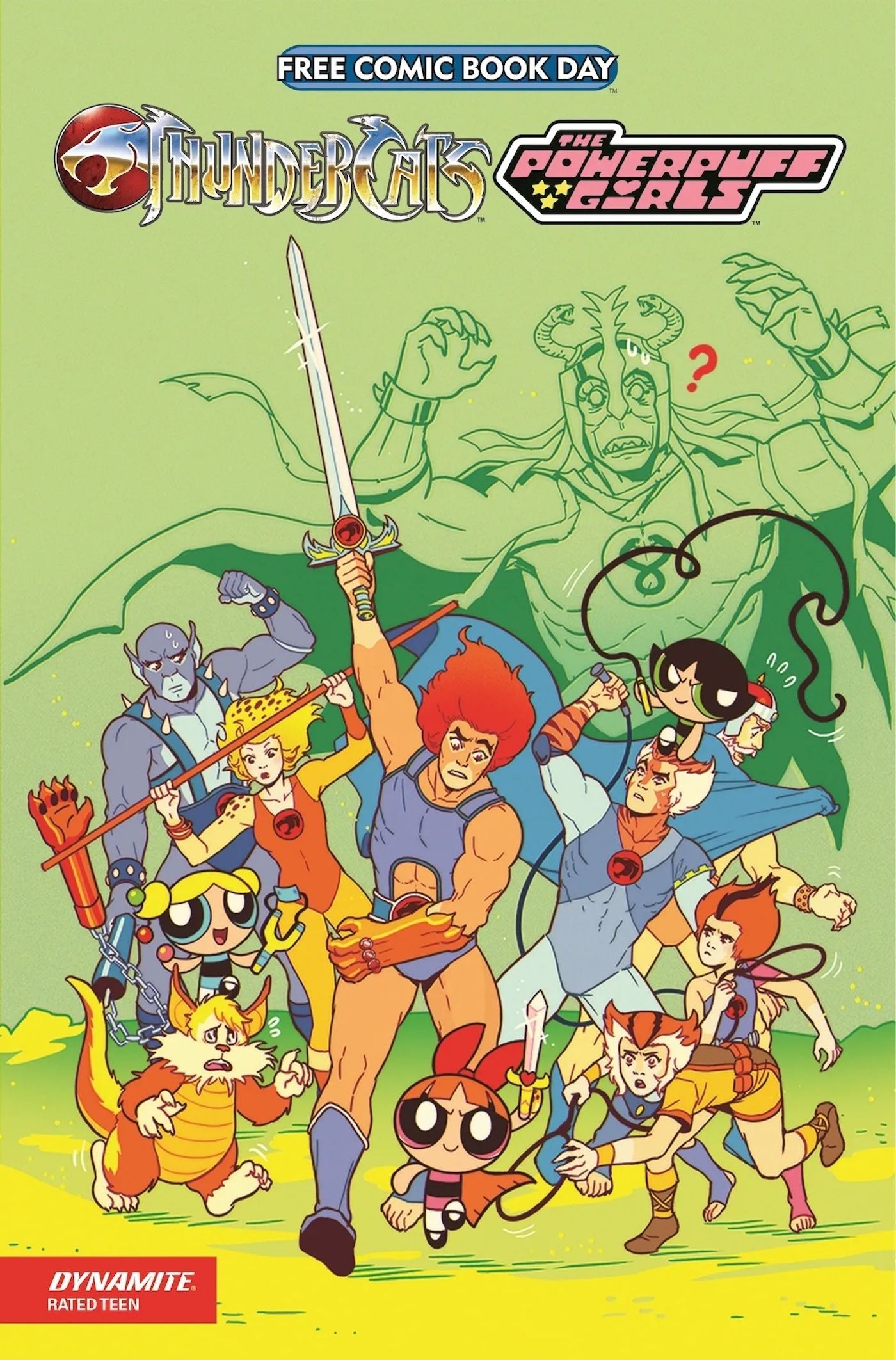 Capa de quadrinhos: as Meninas Superpoderosas e os ThunderCats avançam juntos.