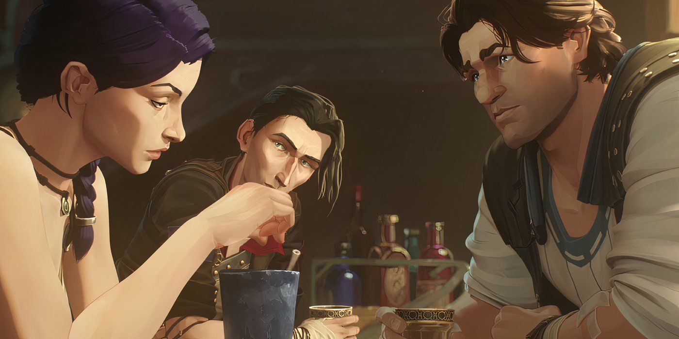 Felicia, Vander, and Silco sitting at a bar in Arcane season 2 (2024)