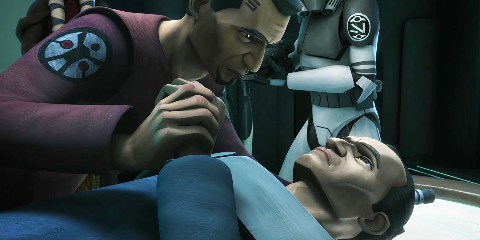 Fives holds Tup's hand as the latter dies on Kamino after having his inhibitor chip removed.