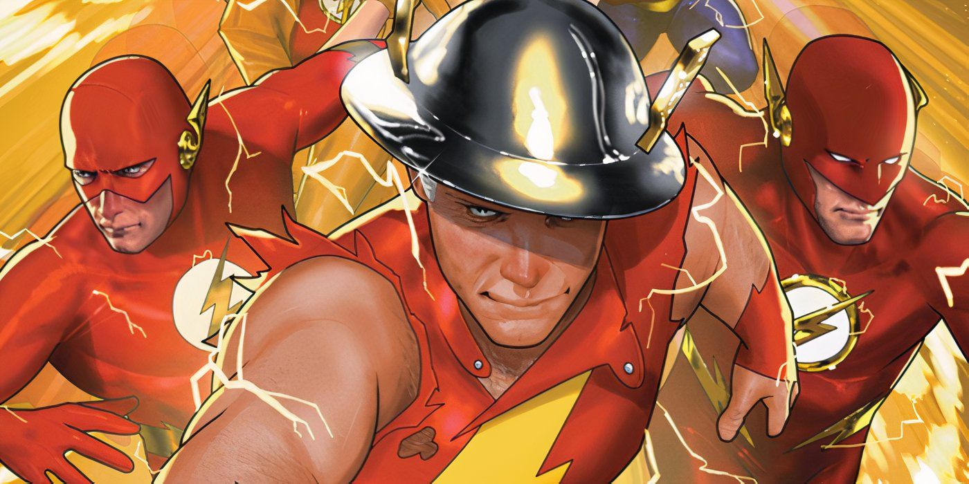 Jay Garrick, Barry Allen e Wally West correndo juntos como o Flash