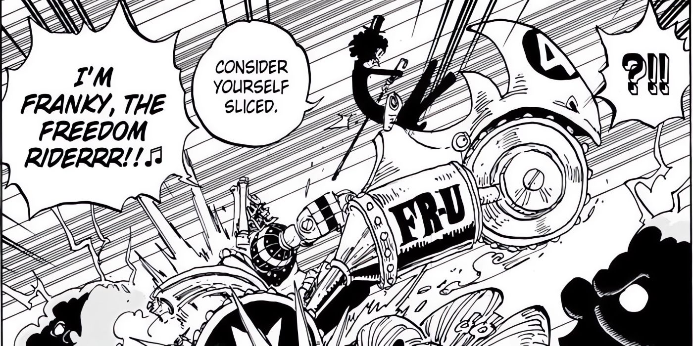 Franky e Brook atacando Big Mom e Zeus no mangá.