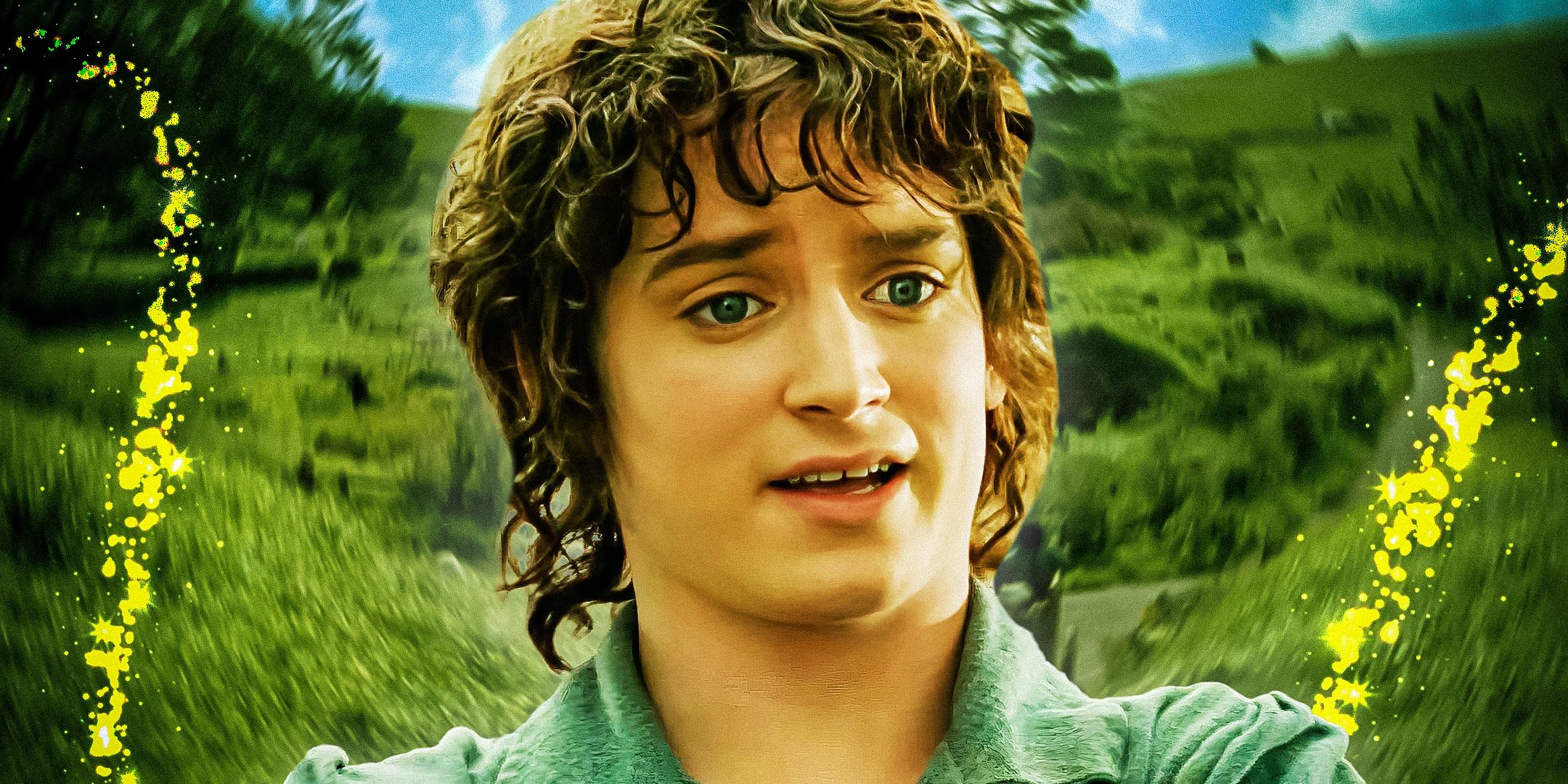 Elijah Wood as Frodo Baggins in front of an image of the Shire in Lord of the Rings