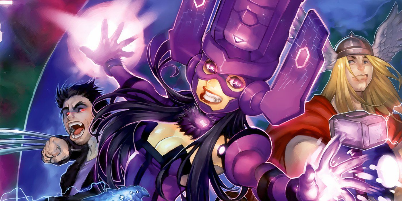 Galacta, the daughter of Galactus, with Wolverine and Thor behind her.