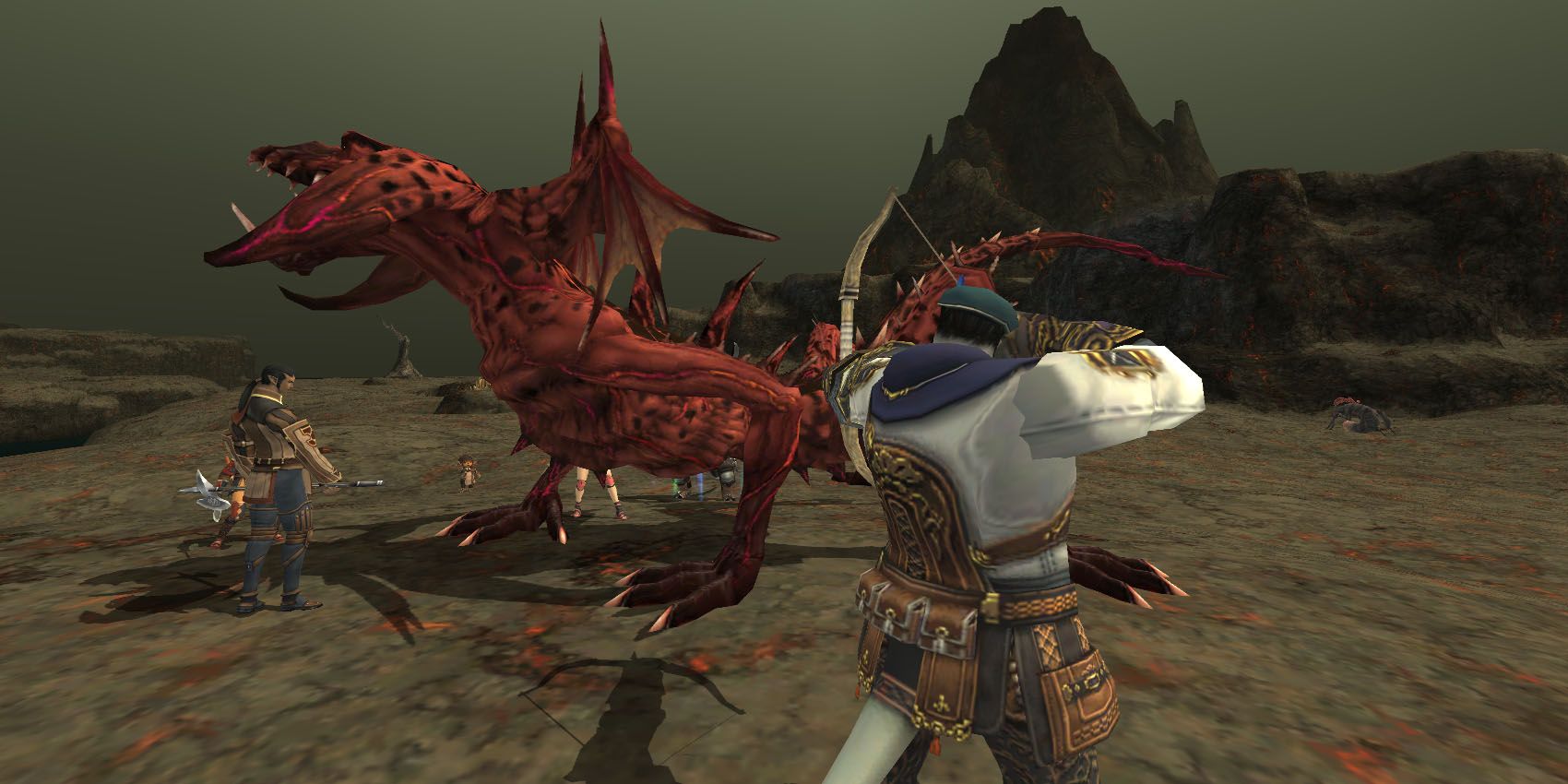 Galka Ranger atira em um dragão em Final Fantasy XI