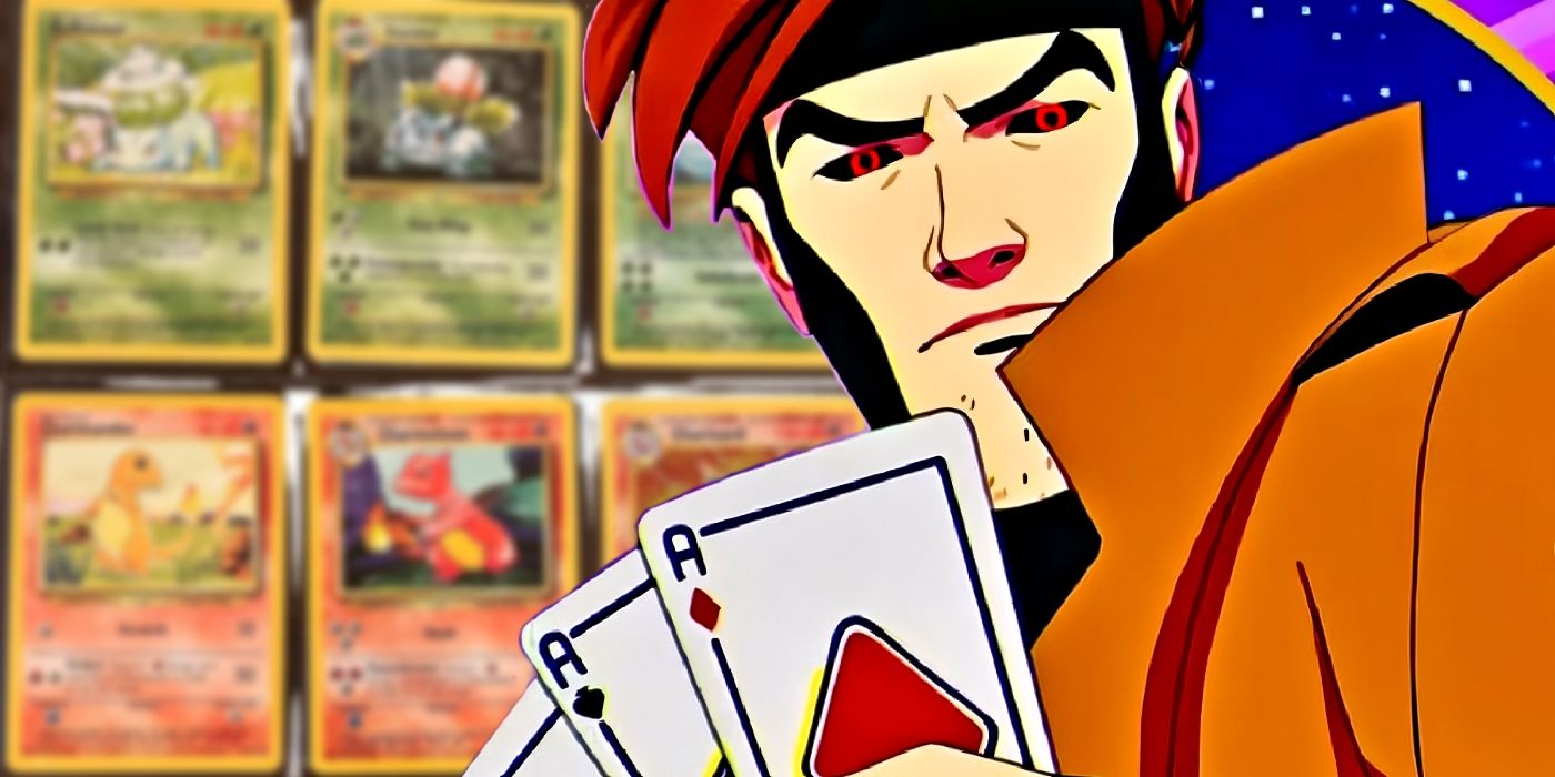 X-Men's Gambit holding playing cards with blurred-out Pokémon cards behind him.