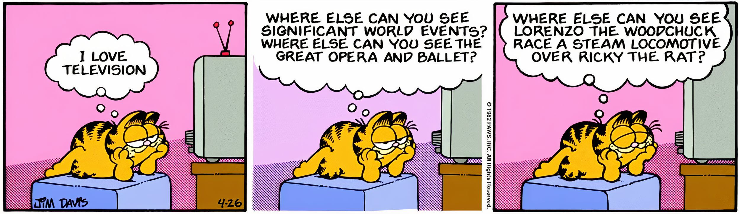 Garfield, 26 de abril de 1982, Garfield explica por que adora televisão