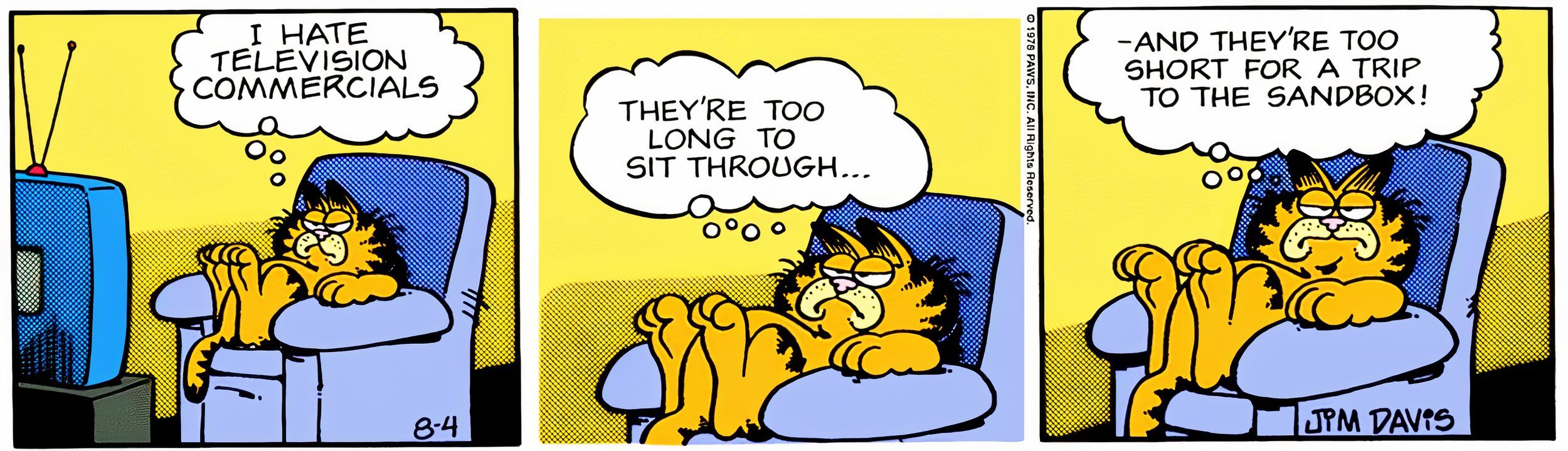 Garfield, 4 de agosto de 1978, Garfield explica por que odeia comerciais de televisão