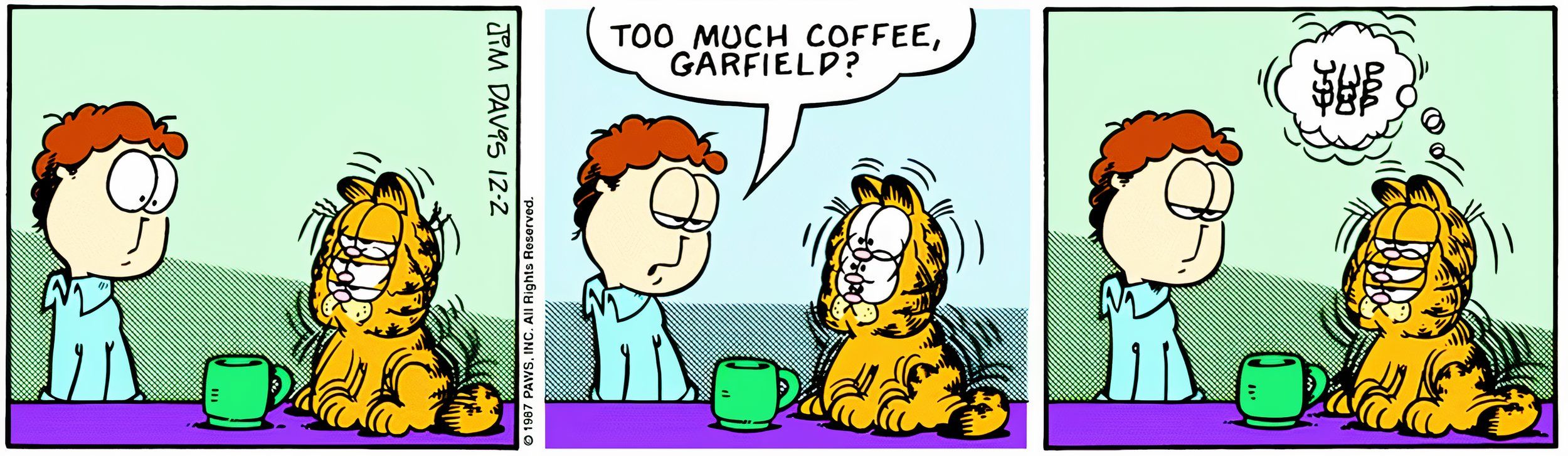 Garfield, 2 de dezembro de 1987, Garfield vibra por causa do excesso de cafeína