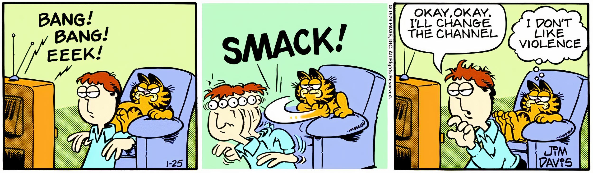 Garfield, 25 de janeiro de 1979, Garfield dá um tapa na nuca de Jon e diz que não gosta de violência na TV