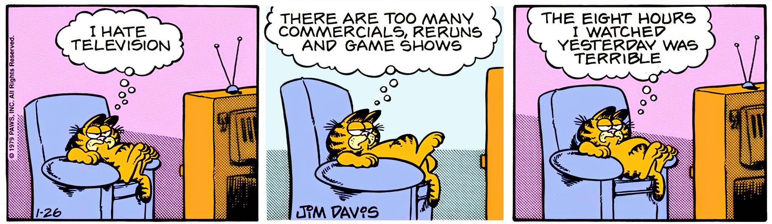 Garfield, 26 de janeiro de 1979, Garfield explica por que odeia televisão