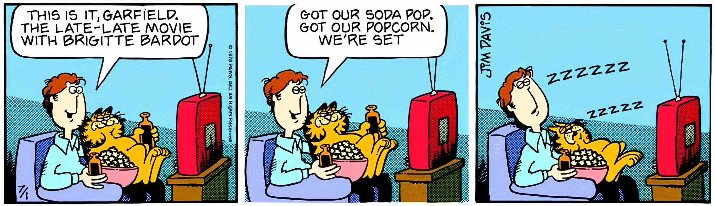 Garfield, 1º de julho de 1978, Jon e Garfield adormecem assistindo a um filme tarde da noite