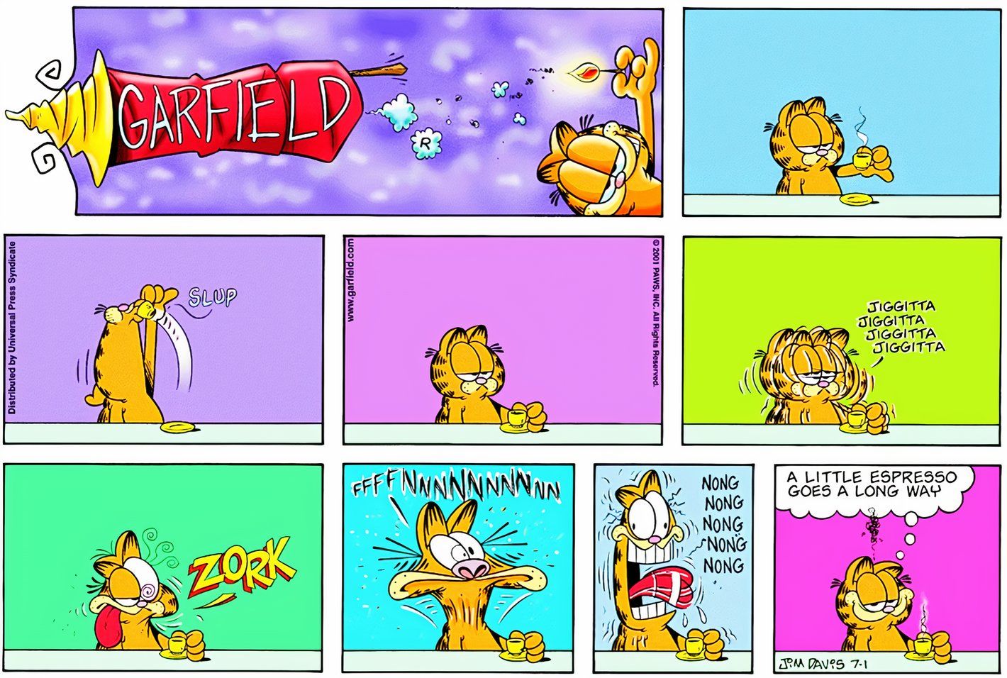 Garfield, 1º de julho de 2001, Garfield enlouquece depois de tomar seu café expresso matinal