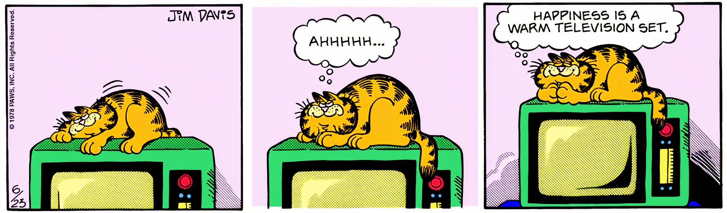 Garfield, 23 de junho de 1978, Garfield senta em cima da TV e diz 'a felicidade é um aparelho de televisão quente'