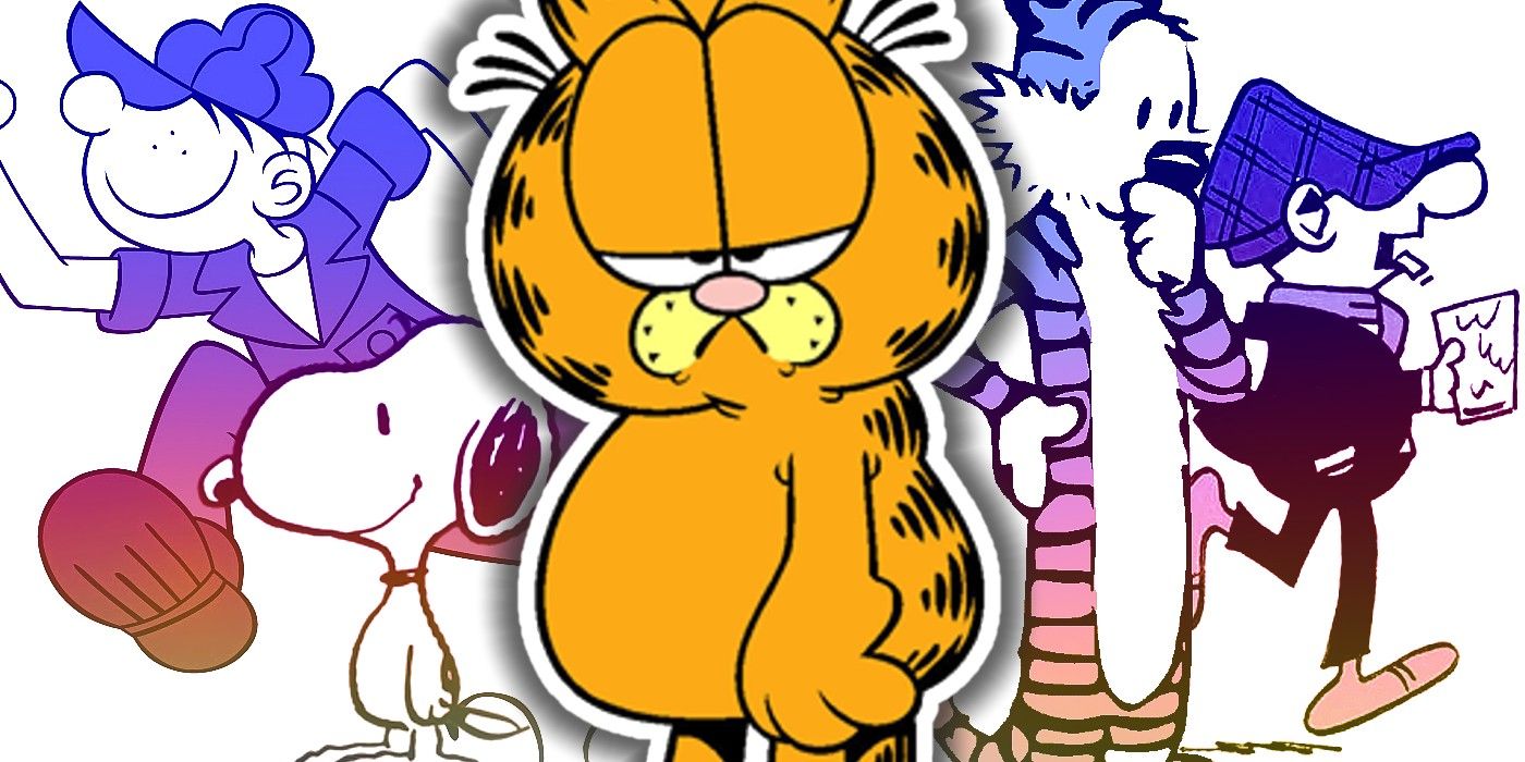 garfield looking annoyed in front of other comic strip characters