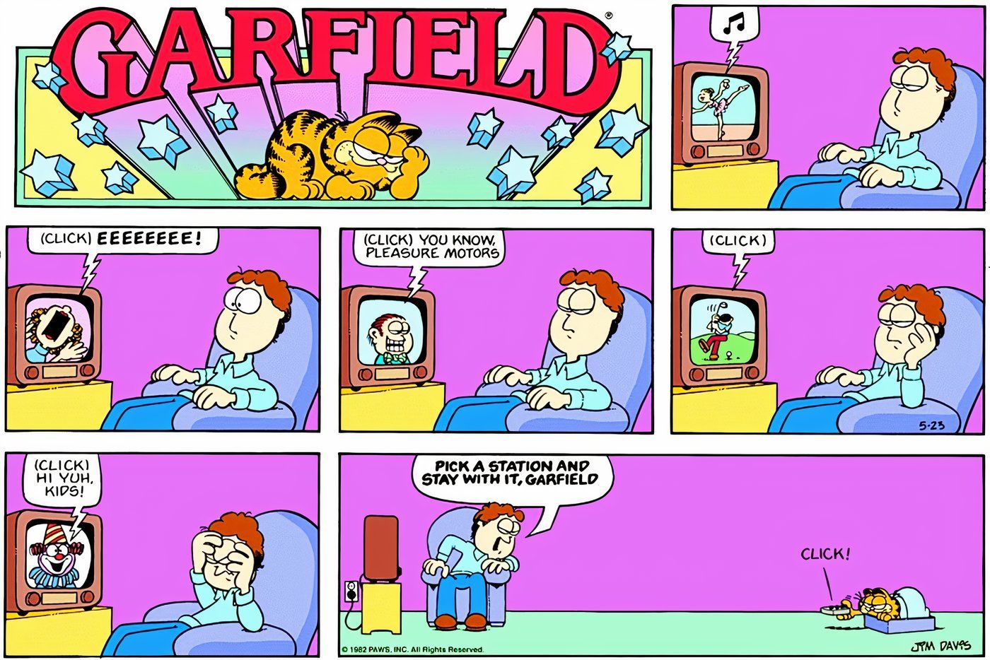 Garfield, 23 de maio de 1982, Garfield continua folheando as estações