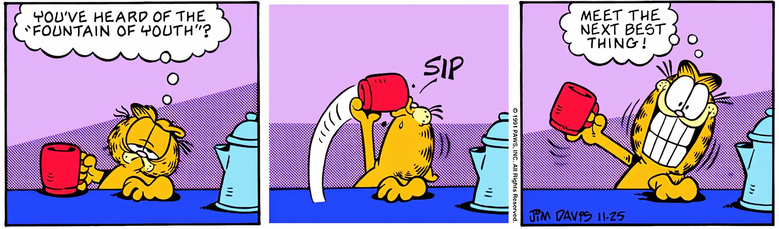 Garfield, 25 de novembro de 1991, Garfield considera o café a segunda melhor coisa depois da Fonte da Juventude