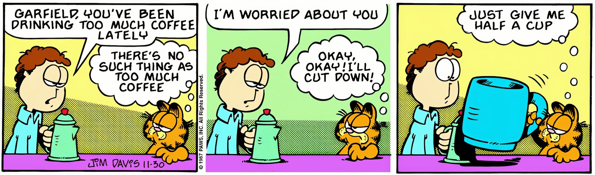 Garfield, 30 de novembro de 1987, Garfield surpreende Jon com uma caneca de café hilariamente grande