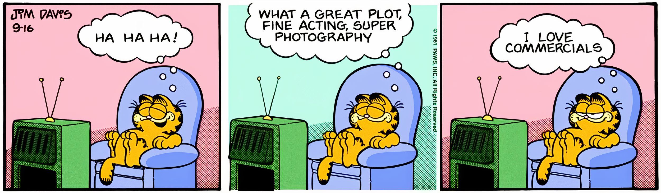 Garfield, 16 de setembro de 1981, Garfield está curtindo o que acaba sendo um comercial de TV