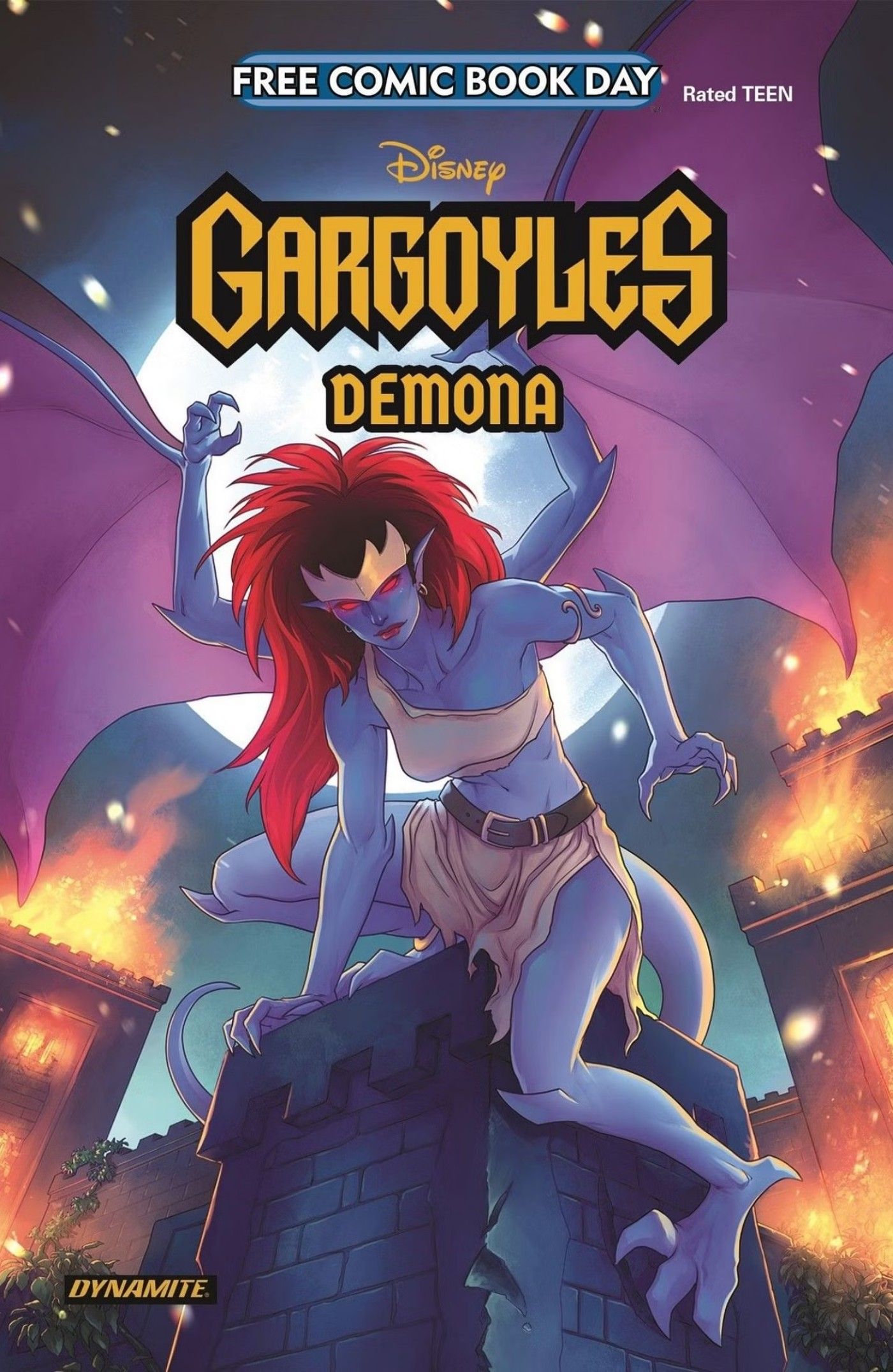 Demona empoleira-se na capa de Gárgulas: Demona #0, com as asas levantadas. 