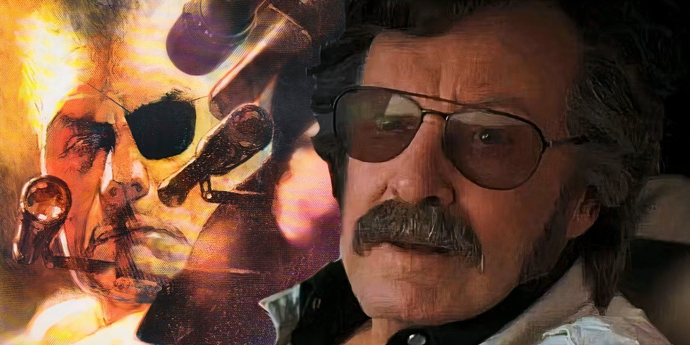 Stan Lee with Marvel Comics' Nick Fury behind him.