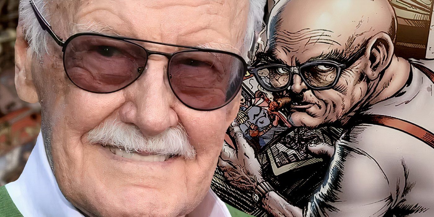 Stan Lee dengan parodi The Boys tentang dirinya, sang Legenda, di belakangnya.