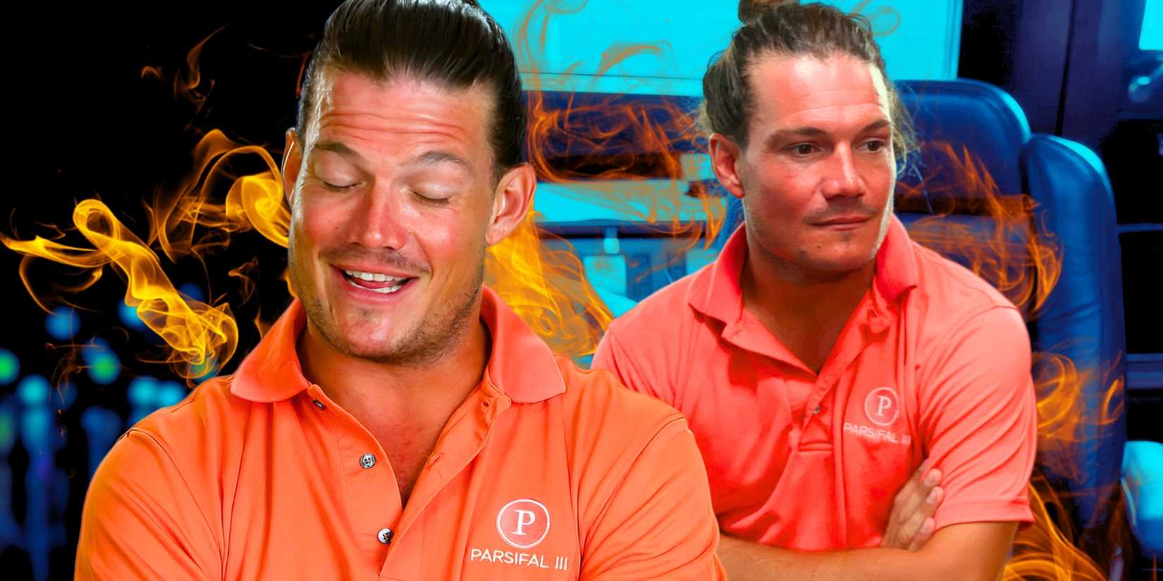 Below Deck Sailing Yacht's Gary King smiles with his eyes closed and looks serious in a montage image with fire.