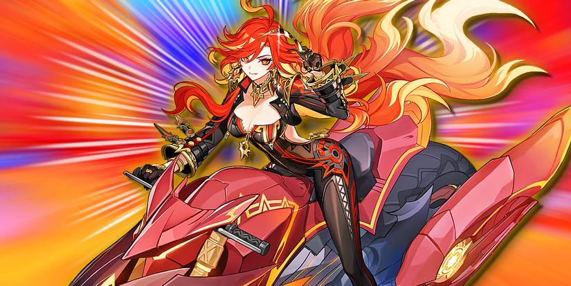 Genshin Impact's Mavuika rides her Flamestrider motorcycle.