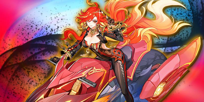 Genshin Impact's Mavuika rides her Flamestrider motorcycle.